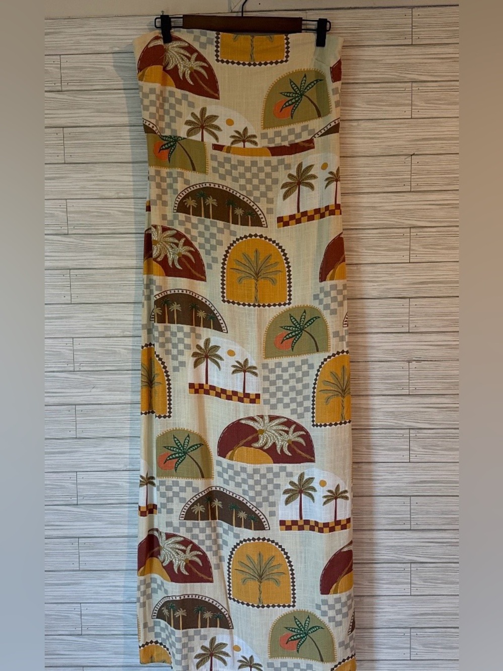 Cream Palm-Print Maxi Dress with Mustard and Rust Accents